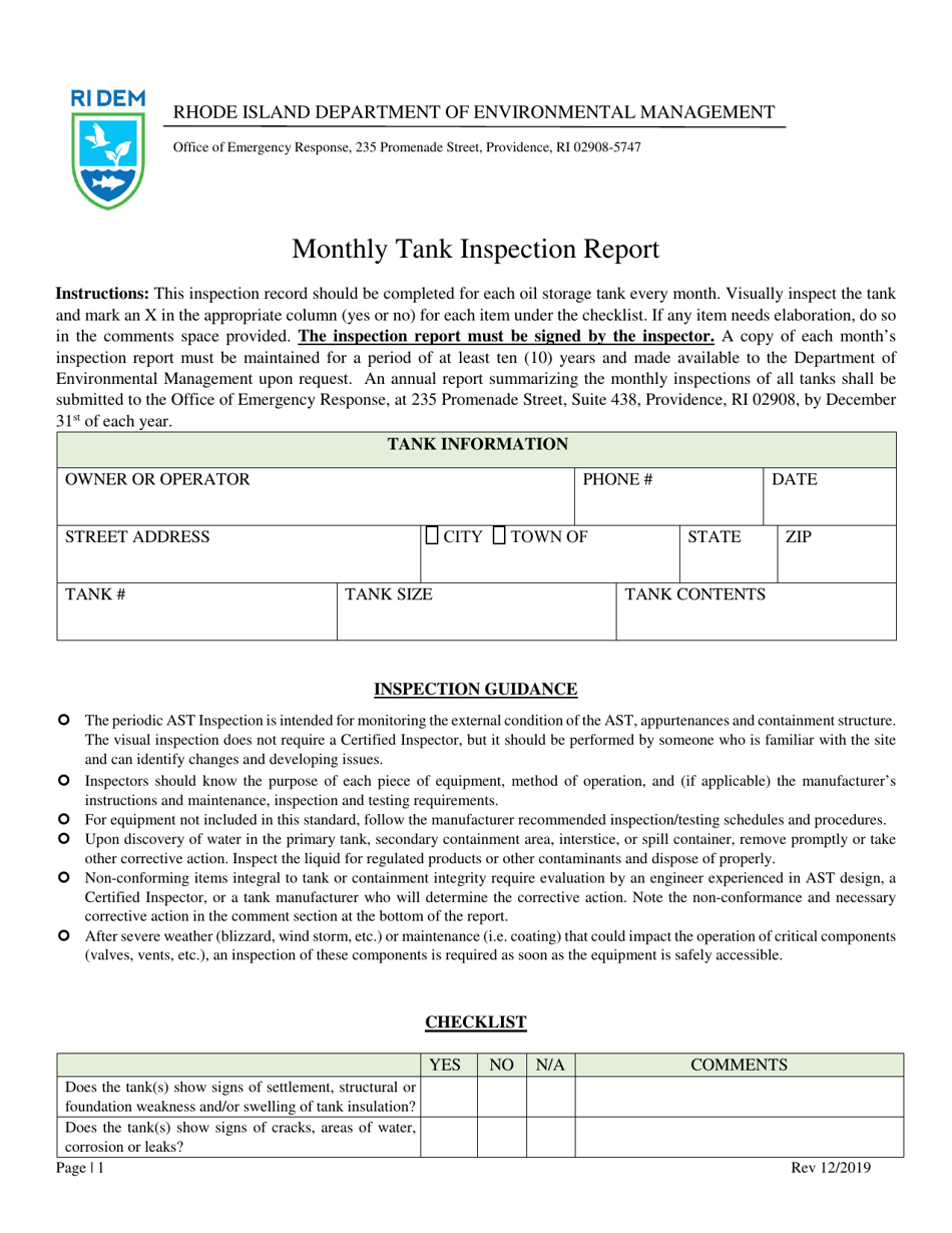 Monthly Tank Inspection Report - Rhode Island, Page 1