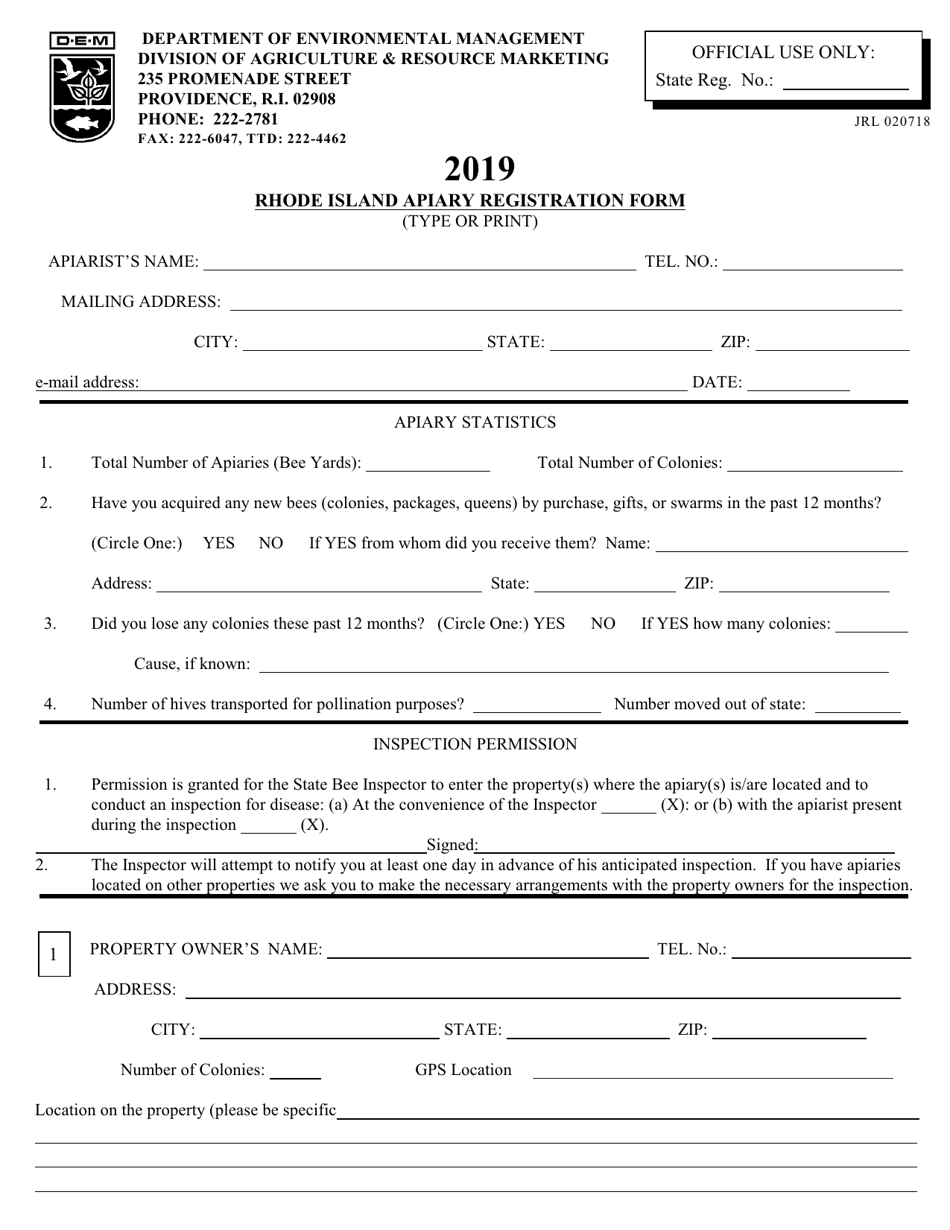 Rhode Island Apiary Registration Form - Rhode Island, Page 1