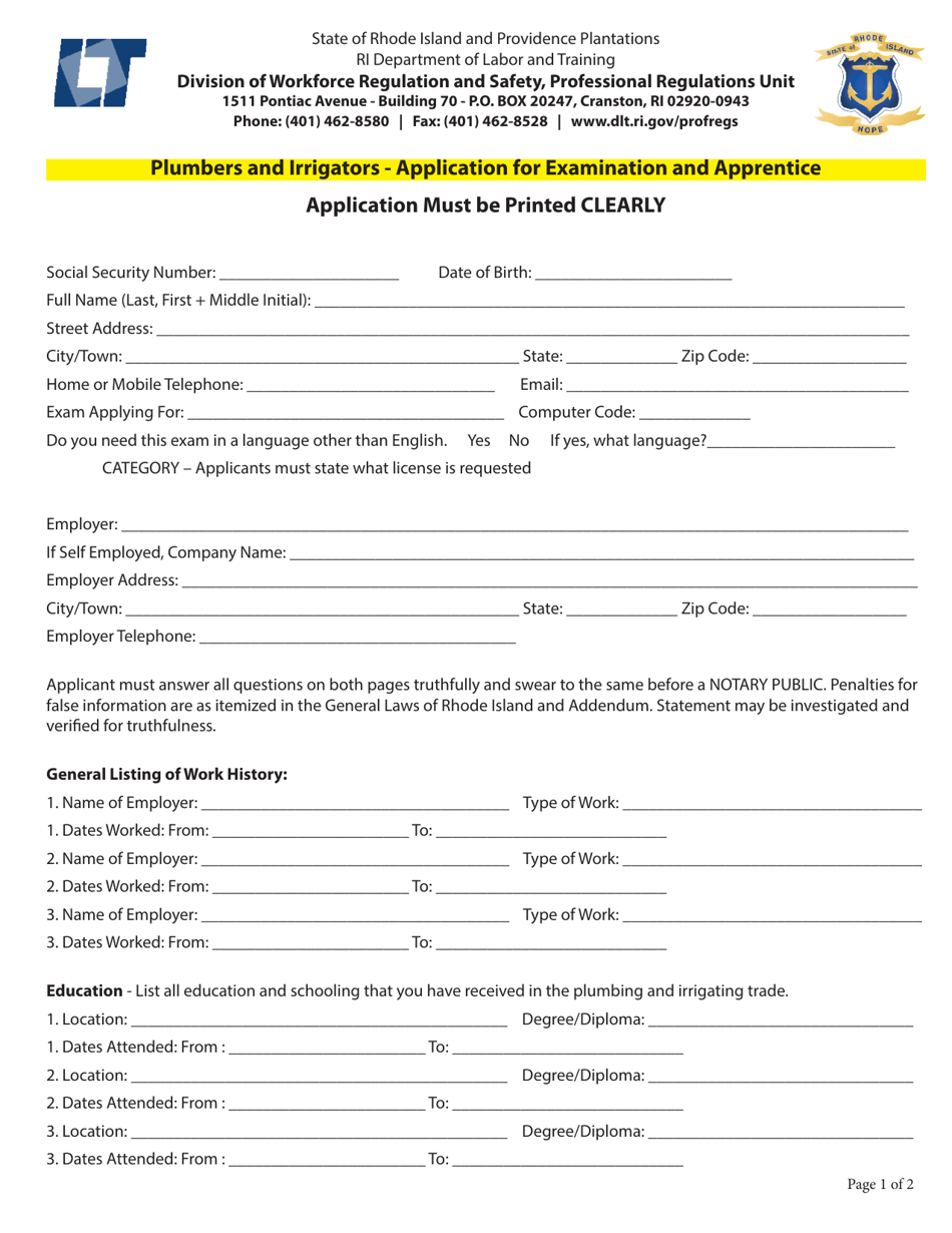 Plumbing and Irrigating Application Form - Rhode Island (English / Spanish), Page 3