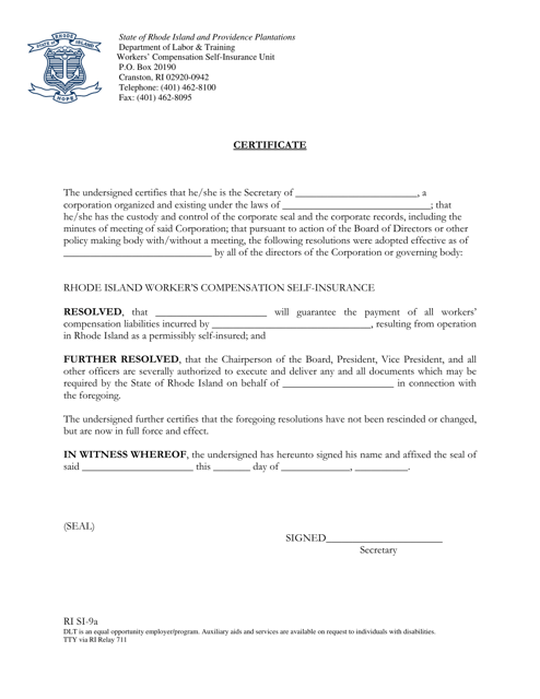 Form RI SI9A Certificate - Rhode Island