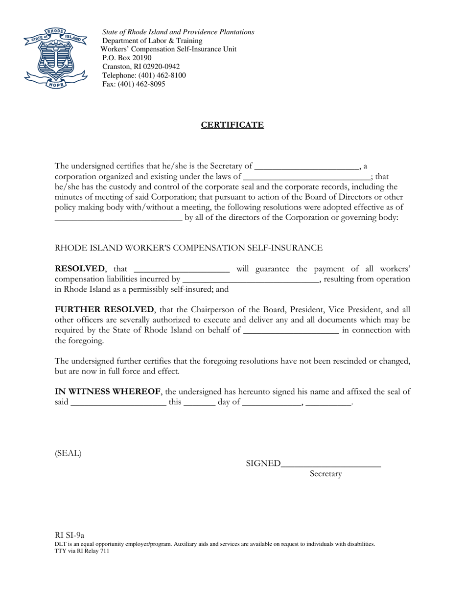 Form RI SI9A Certificate - Rhode Island, Page 1