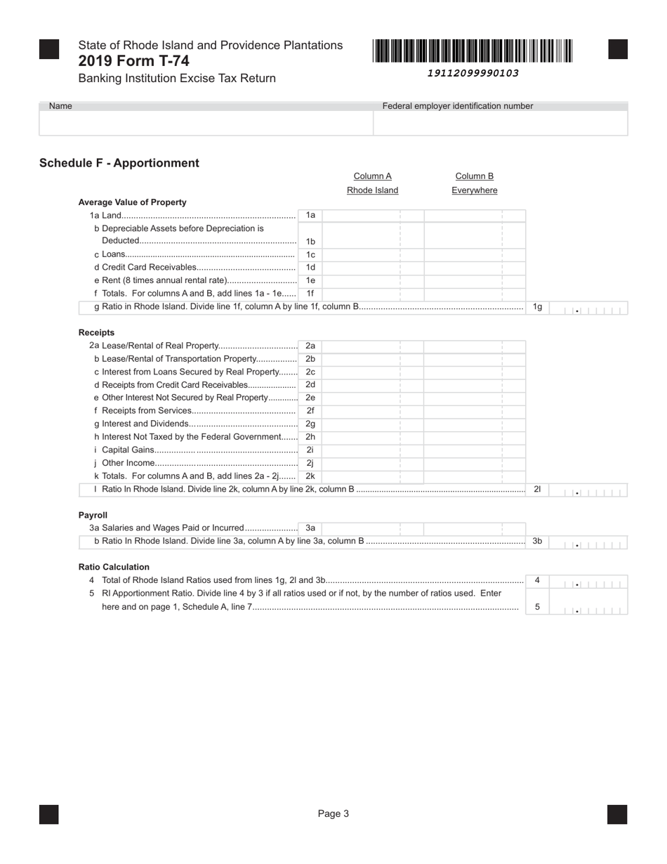 Form T-74 Banking Institution Excise Tax Return - Rhode Island, Page 3