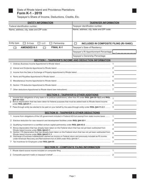 Form K-1 Taxpayer's Share of Income, Deductions, Credits, Etc. - Rhode Island, 2019