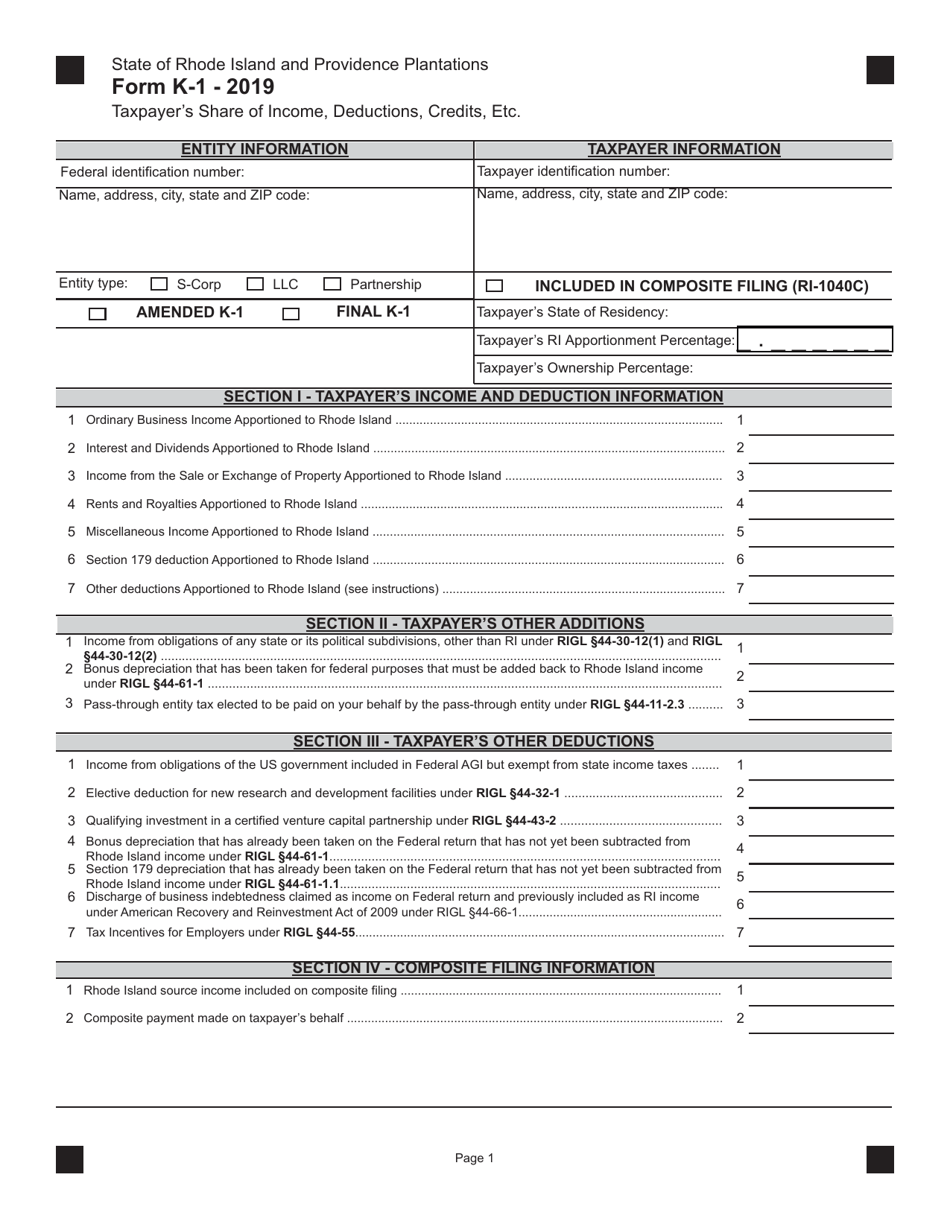 Form K-1 Taxpayers Share of Income, Deductions, Credits, Etc. - Rhode Island, Page 1