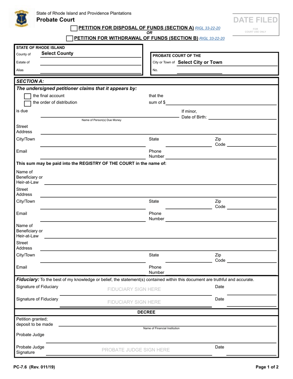 Form PC-7.6 Petition for Disposal or Withdrawal of Funds - Rhode Island, Page 1
