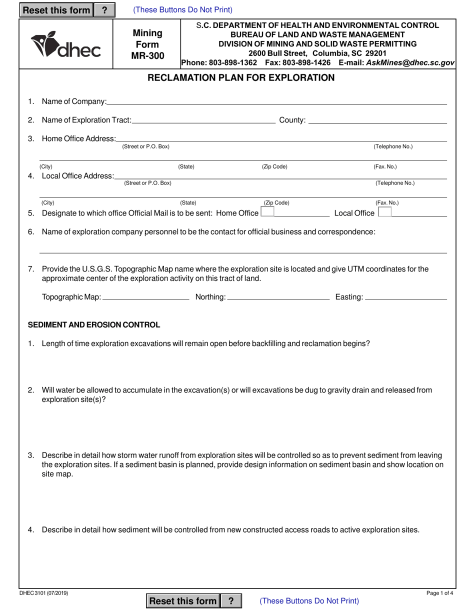 Form MR-300 (DHEC Form 3101) Reclamation Plan for Exploration - South Carolina, Page 1