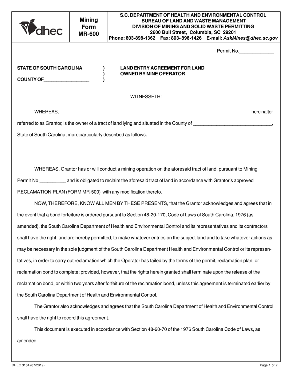 Form MR-600 (D-3104) Land Entry Agreement for Land Owned by Mine Operator - South Carolina, Page 1