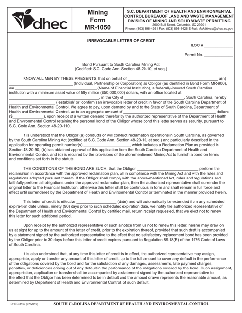 Form MR-1050 (D-3109) Irrevocable Letter of Credit - South Carolina
