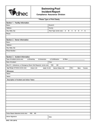 DHEC Form 3785 Swimming Pool Incident Report - South Carolina