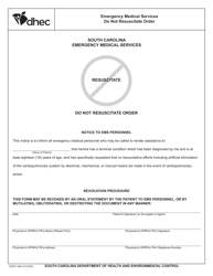 DHEC Form 3462 Do Not Resuscitate Order - South Carolina
