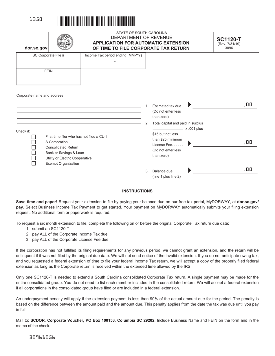 Form SC1120-T Application for Automatic Extension of Time to File Corporate Tax Return - South Carolina, Page 1