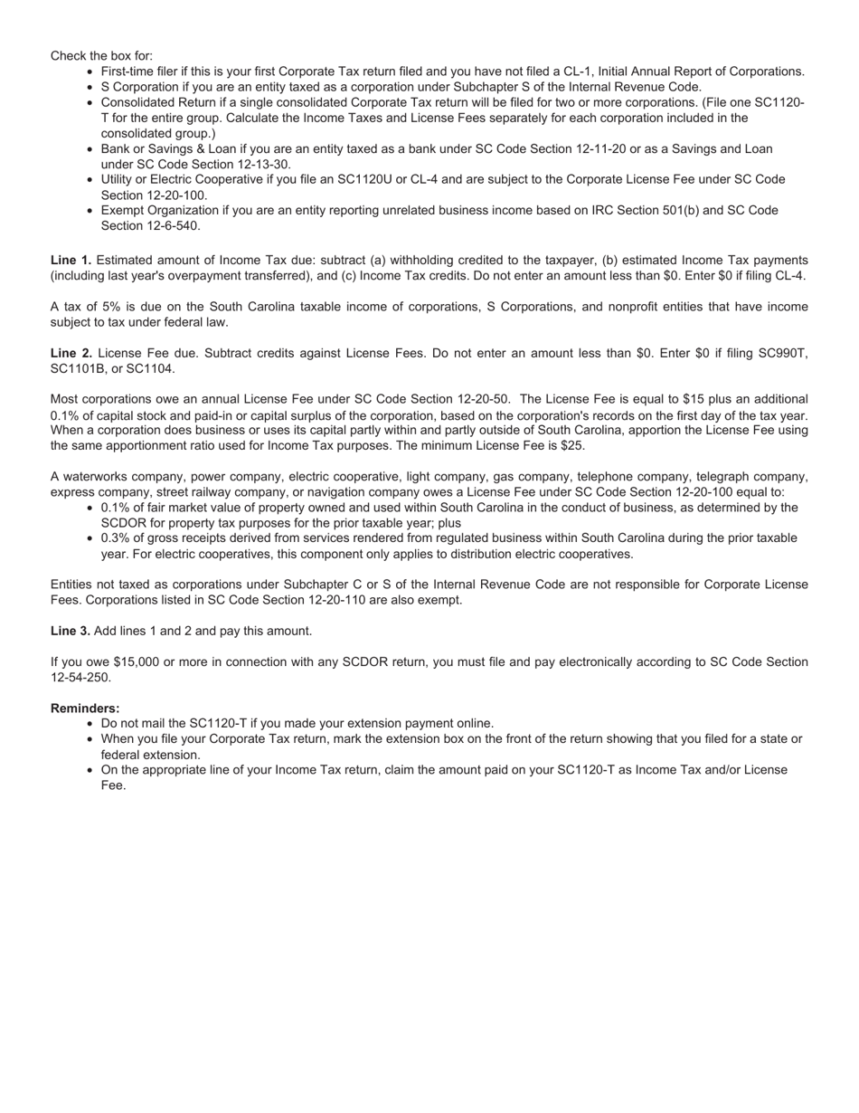 Form SC1120-T Application for Automatic Extension of Time to File Corporate Tax Return - South Carolina, Page 2