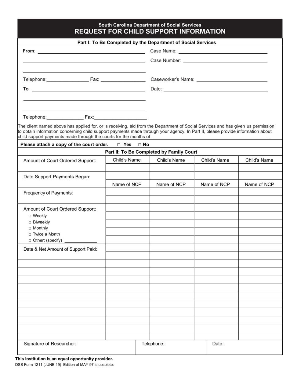 DSS Form 1211 Request for Child Support Information - South Carolina, Page 1