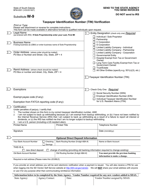 Form BFM-001 Substitute W-9 Taxpayer Identification Number (Tin) Verification - South Dakota