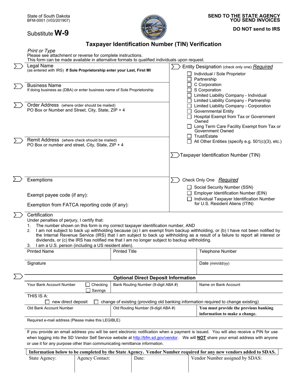 Form BFM-001 Substitute W-9 Taxpayer Identification Number (Tin) Verification - South Dakota, Page 1
