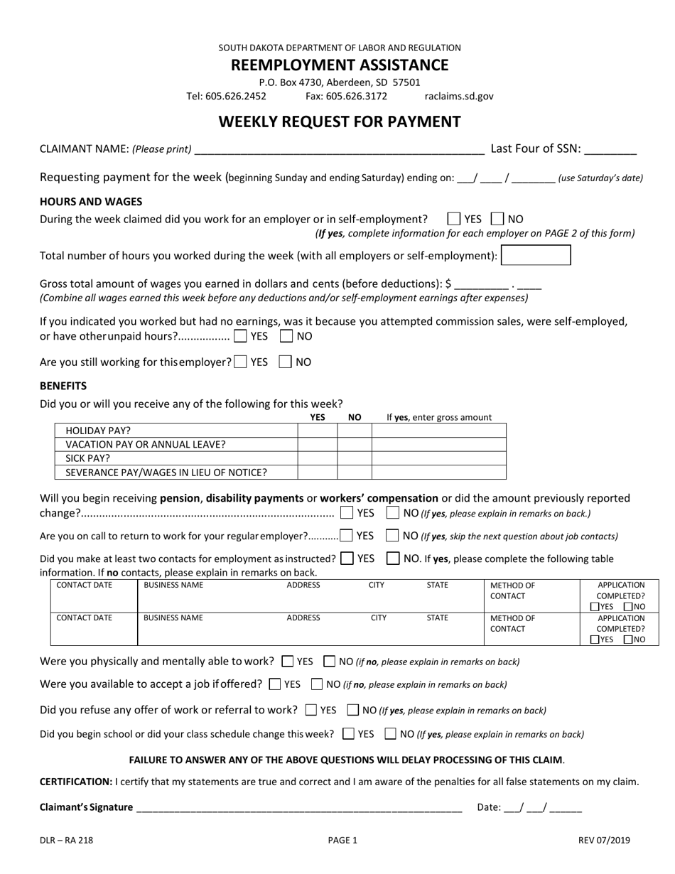 Form DLR-RA218 Weekly Request for Payment - South Dakota, Page 1