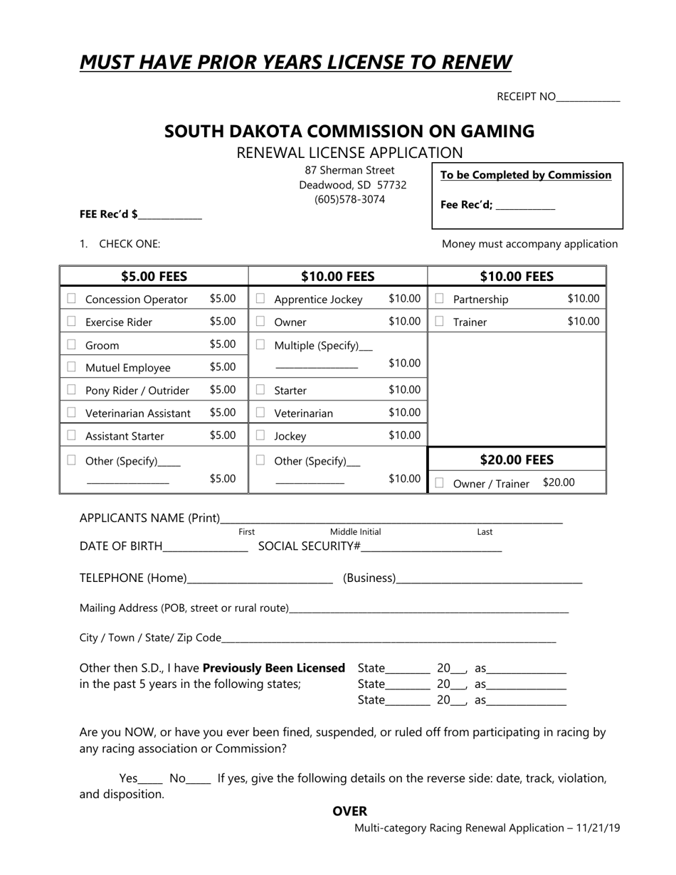Multiple Category Live Racing License Application - South Dakota, Page 1