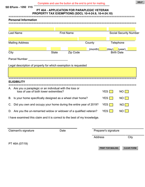 Form PT46A (SD Form 1292) Application for Paraplegic Veteran Property Tax Exemptions - South Dakota