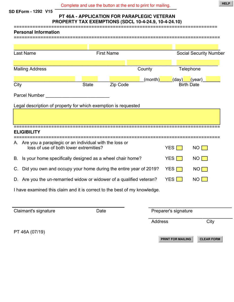 Form PT46A (SD Form 1292) Application for Paraplegic Veteran Property Tax Exemptions - South Dakota, Page 1