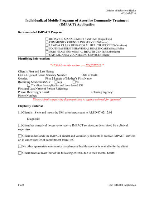 Form BH-08 Mental Health - Impact Application - South Dakota