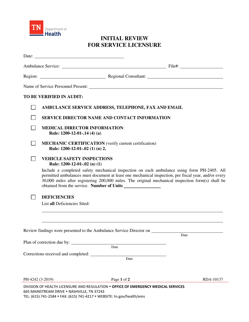 Form PH-4242 Initial Ambulance Service Review - Tennessee, Page 1