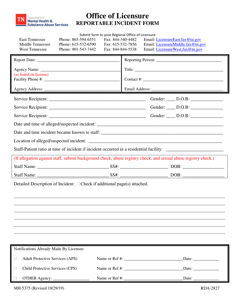 Form MH-5375 Reportable Incident Form - Tennessee, Page 1