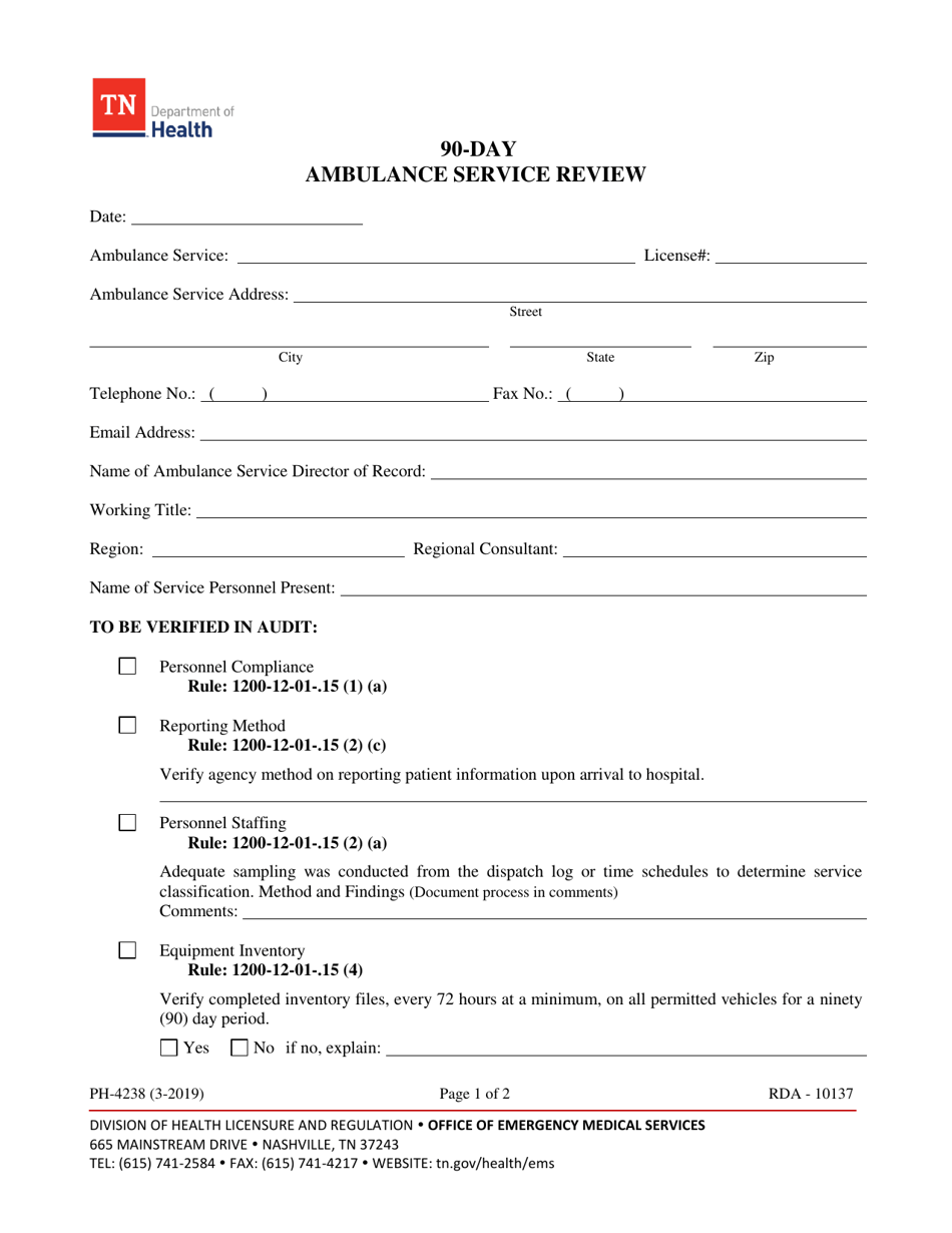 Form PH-4238 90-day Ambulance Service Review - Tennessee, Page 1