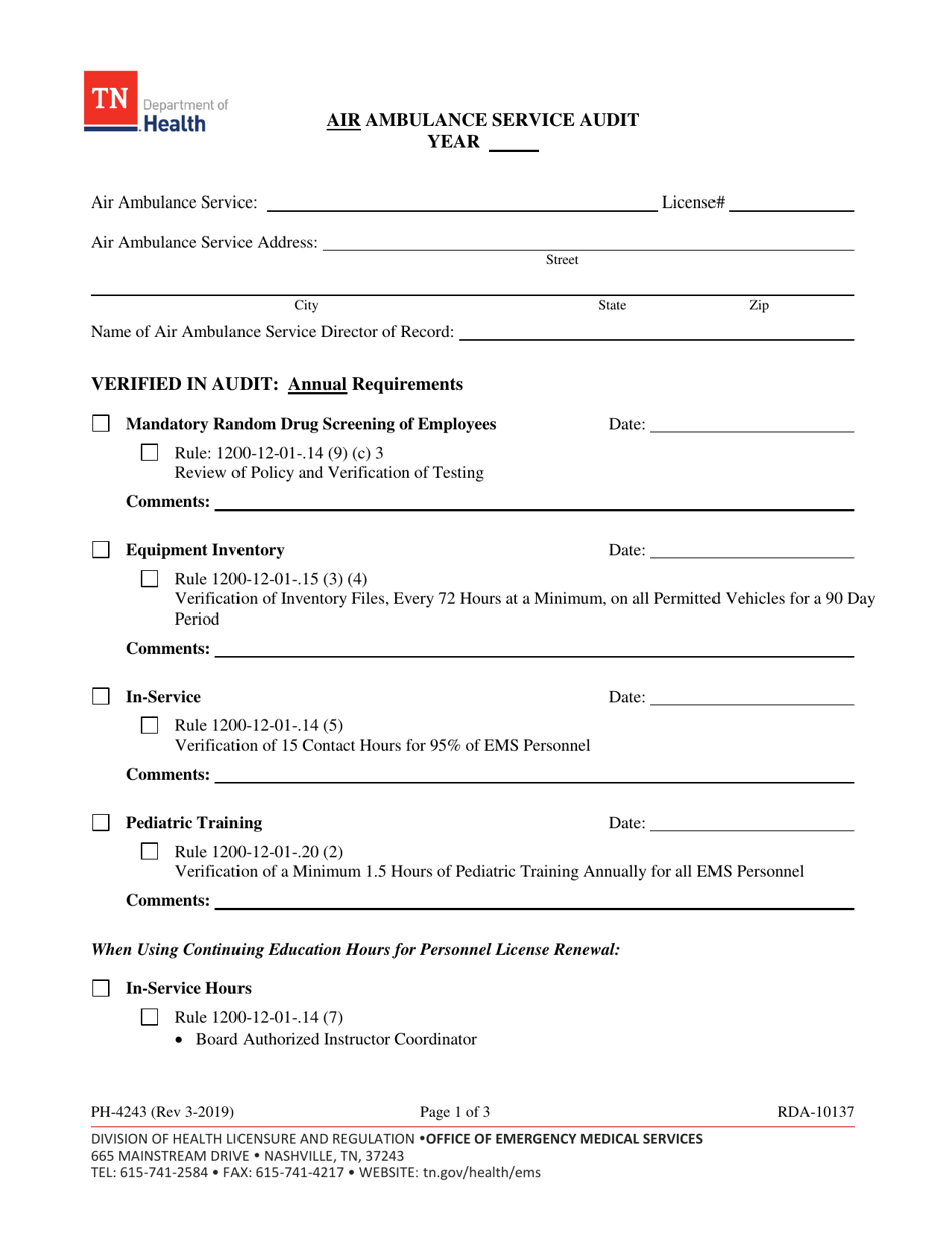 Form PH-4243 Air Ambulance Service Audit - Tennessee, Page 1
