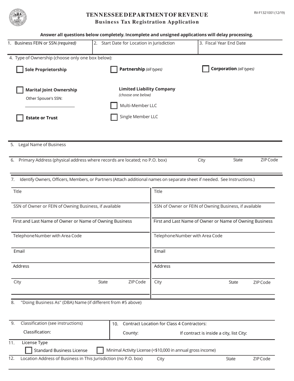 Form RV-F1321001 Business Tax Registration Application - Tennessee, Page 1