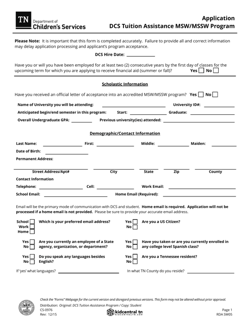 Form CS-0976 Application - Dcs Tuition Assistance Program Msw-Mssw Program - Tennessee