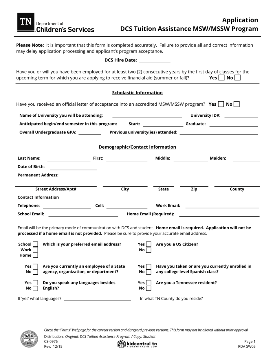 Form CS-0976 Application - Dcs Tuition Assistance Program Msw-Mssw Program - Tennessee, Page 1