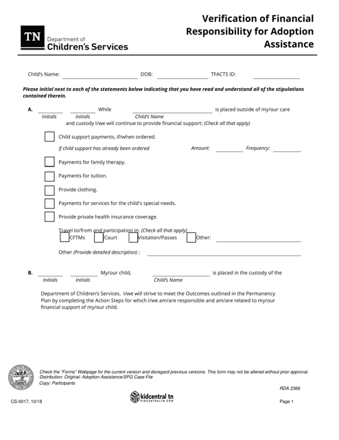 Form CS-0017 Verification of Financial Responsibility for Adoption Assistance - Tennessee