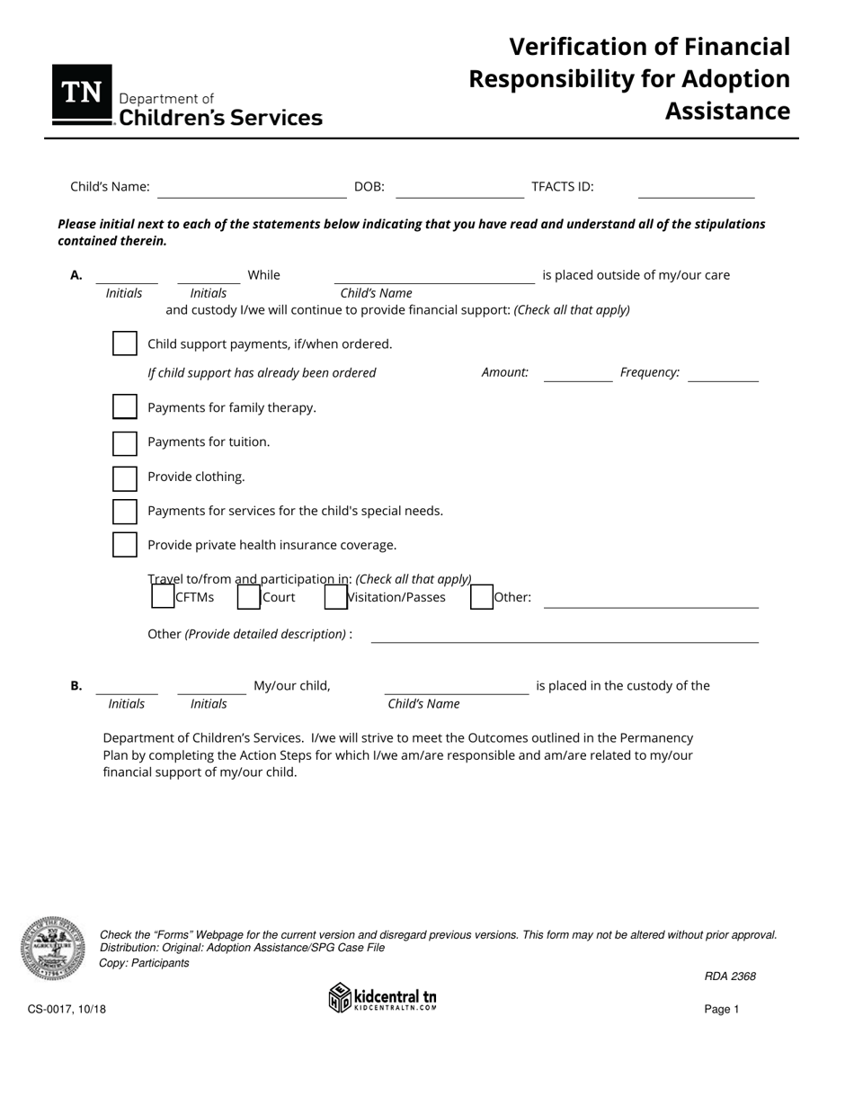 Form CS-0017 Verification of Financial Responsibility for Adoption Assistance - Tennessee, Page 1