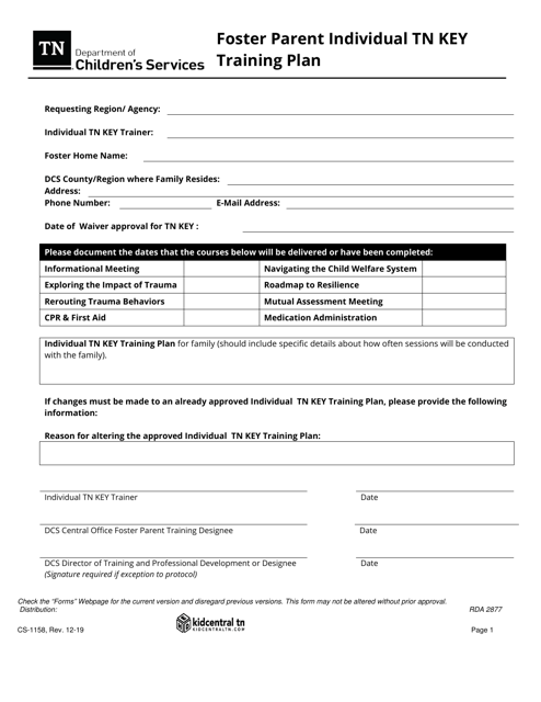 Form CS-1158 Foster Parent Individual Tn Key Training Plan - Tennessee