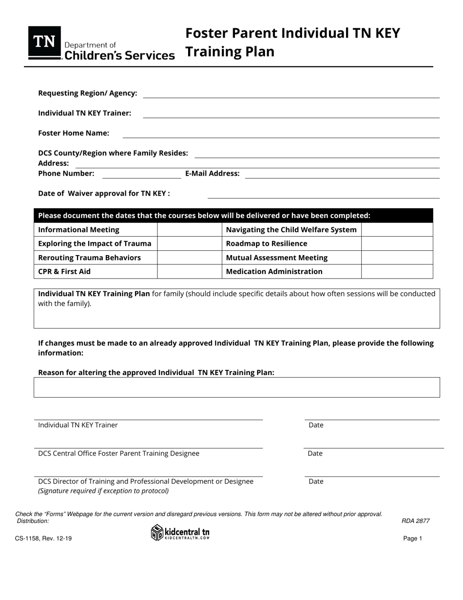 Form CS-1158 Foster Parent Individual Tn Key Training Plan - Tennessee, Page 1