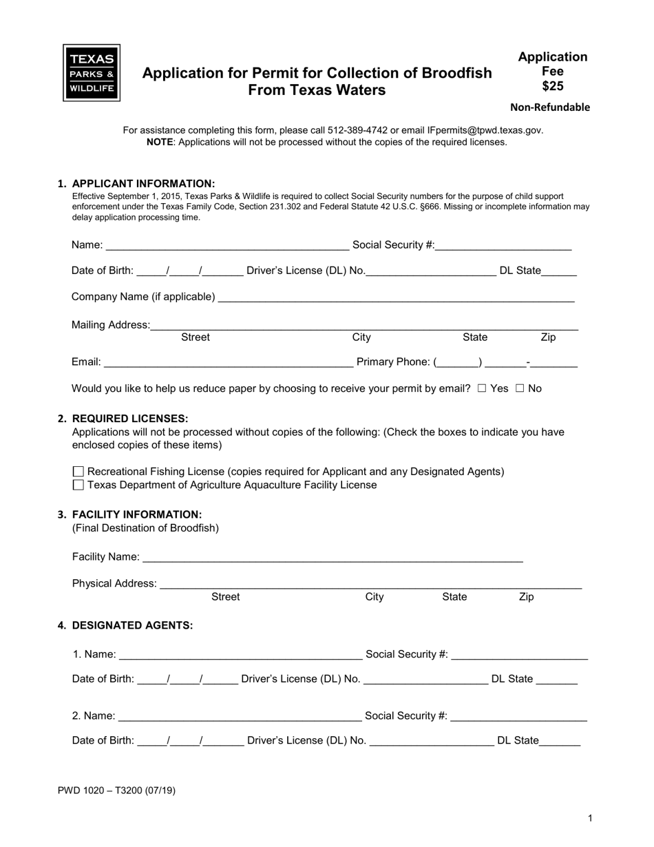 Form PWD1020 Application for Permit for Collection of Broodfish From Texas Waters - Texas, Page 1