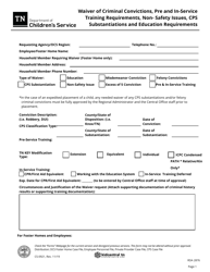 Form CS-0921 Waiver of Criminal Convictions, Pre and In-Service Training Requirements, Non-safety Issues, Cps Substantiations and Education Requirements - Tennessee