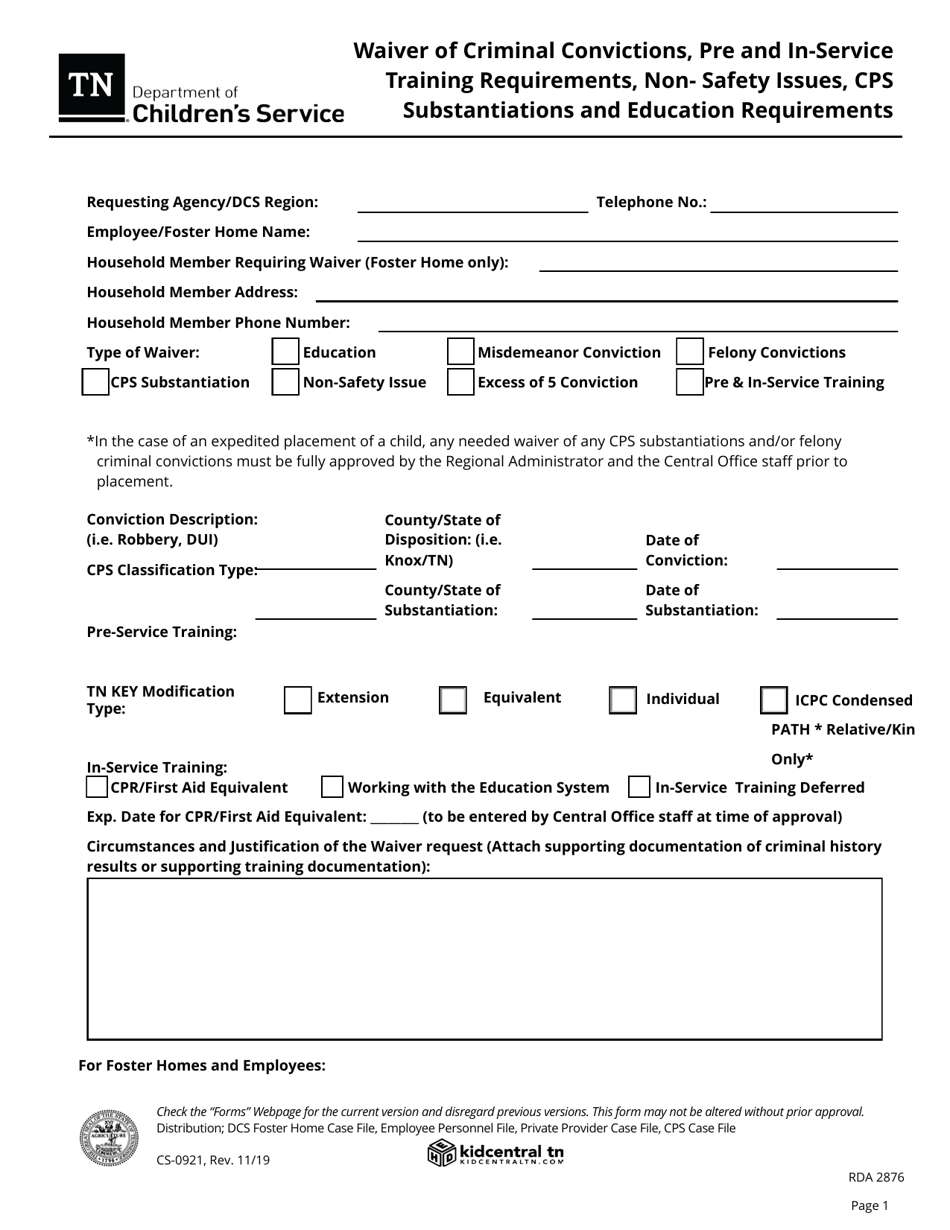 Form CS-0921 Waiver of Criminal Convictions, Pre and In-Service Training Requirements, Non-safety Issues, Cps Substantiations and Education Requirements - Tennessee, Page 1