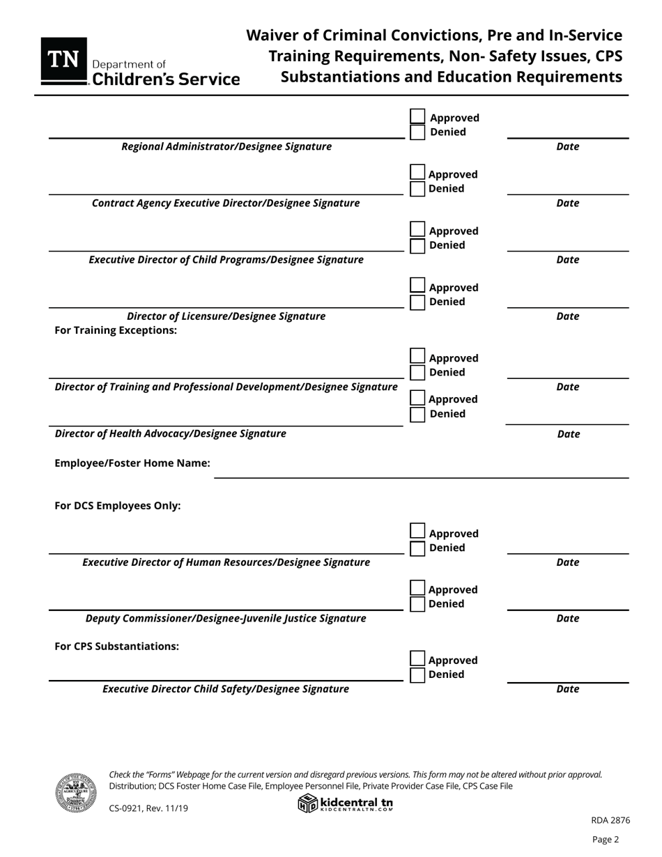 Form CS-0921 Waiver of Criminal Convictions, Pre and In-Service Training Requirements, Non-safety Issues, Cps Substantiations and Education Requirements - Tennessee, Page 2