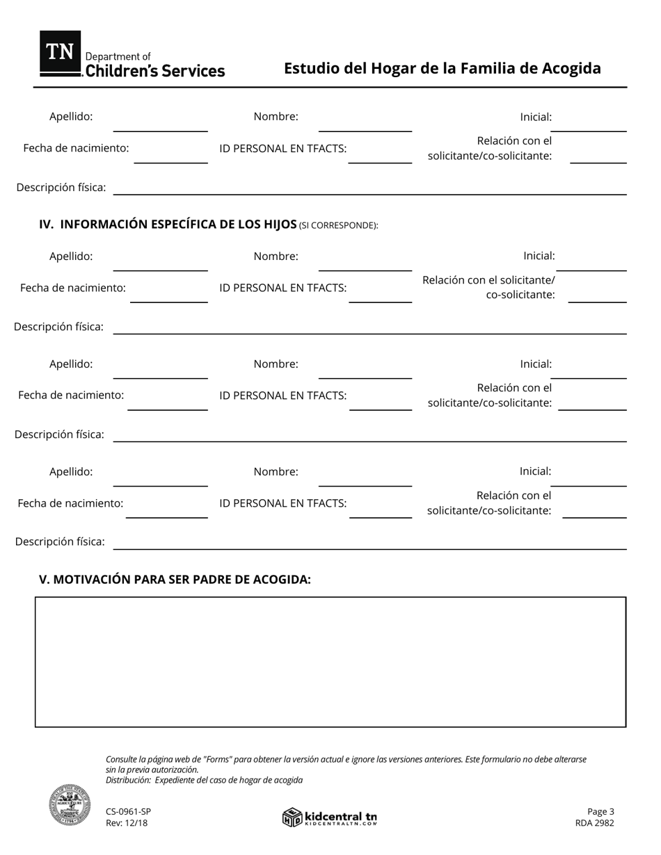Formulario CS-0961 Estudio Del Hogar De La Familia De Acogida - Tennessee (Spanish), Page 3
