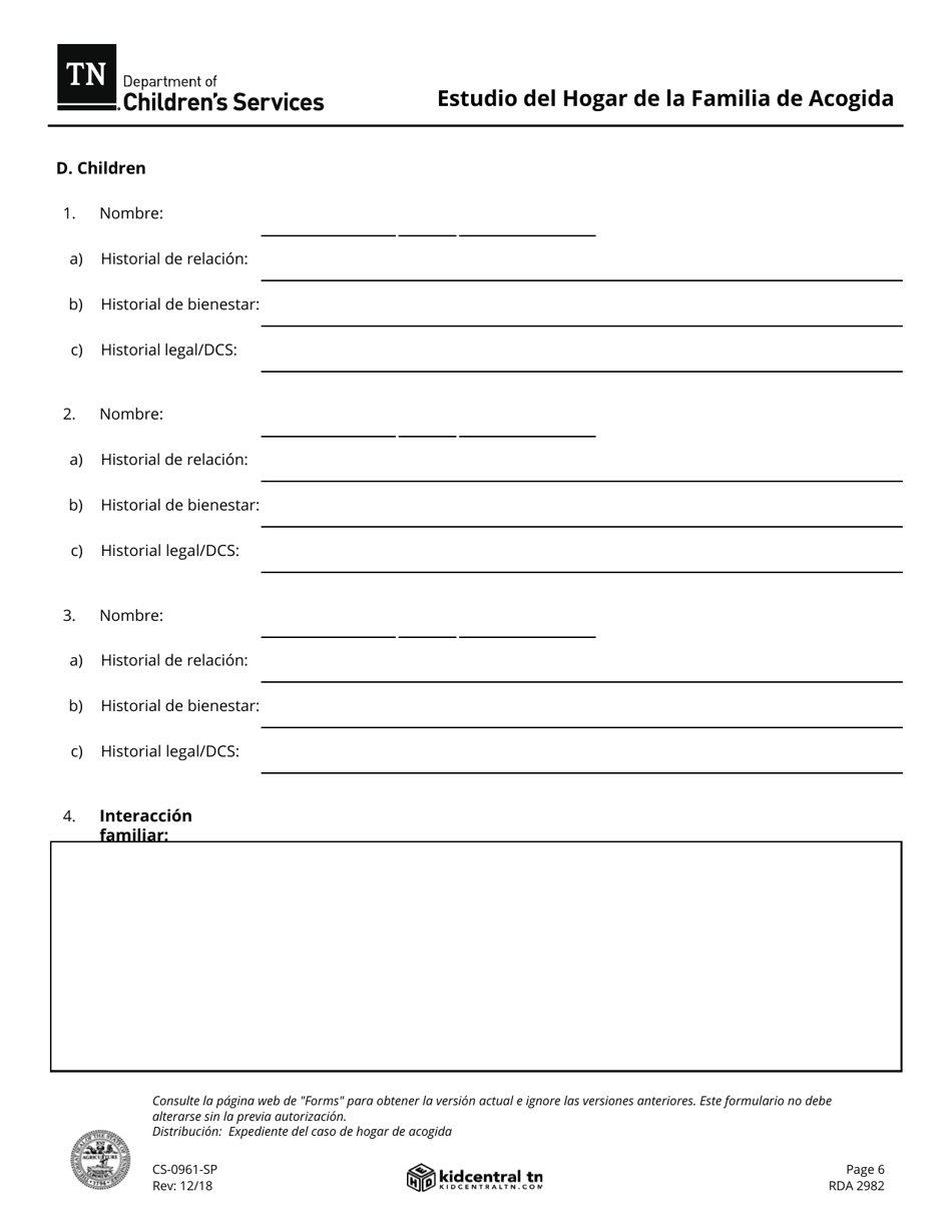 Formulario CS-0961 Estudio Del Hogar De La Familia De Acogida - Tennessee (Spanish), Page 6