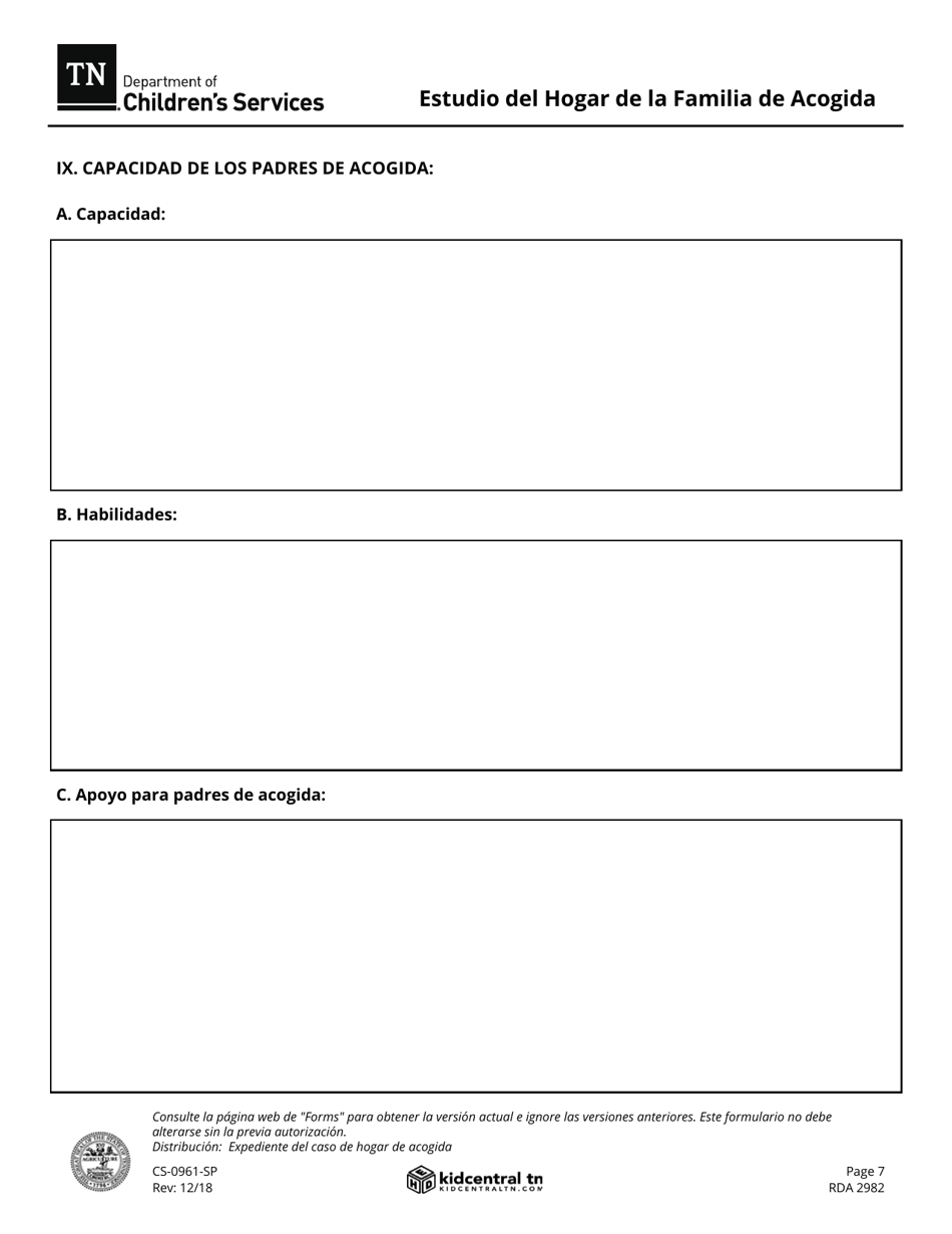 Formulario CS-0961 Estudio Del Hogar De La Familia De Acogida - Tennessee (Spanish), Page 7