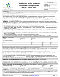 Form VTR-214 Application for Persons With Disabilities Parking Placard and/or License Plate - Texas