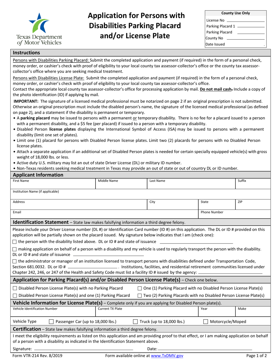 Form VTR-214 Application for Persons With Disabilities Parking Placard and/or License Plate - Texas, Page 1