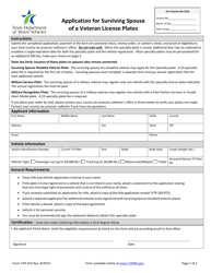 Form VTR-425 Application for Surviving Spouse of a Veteran License Plates - Texas