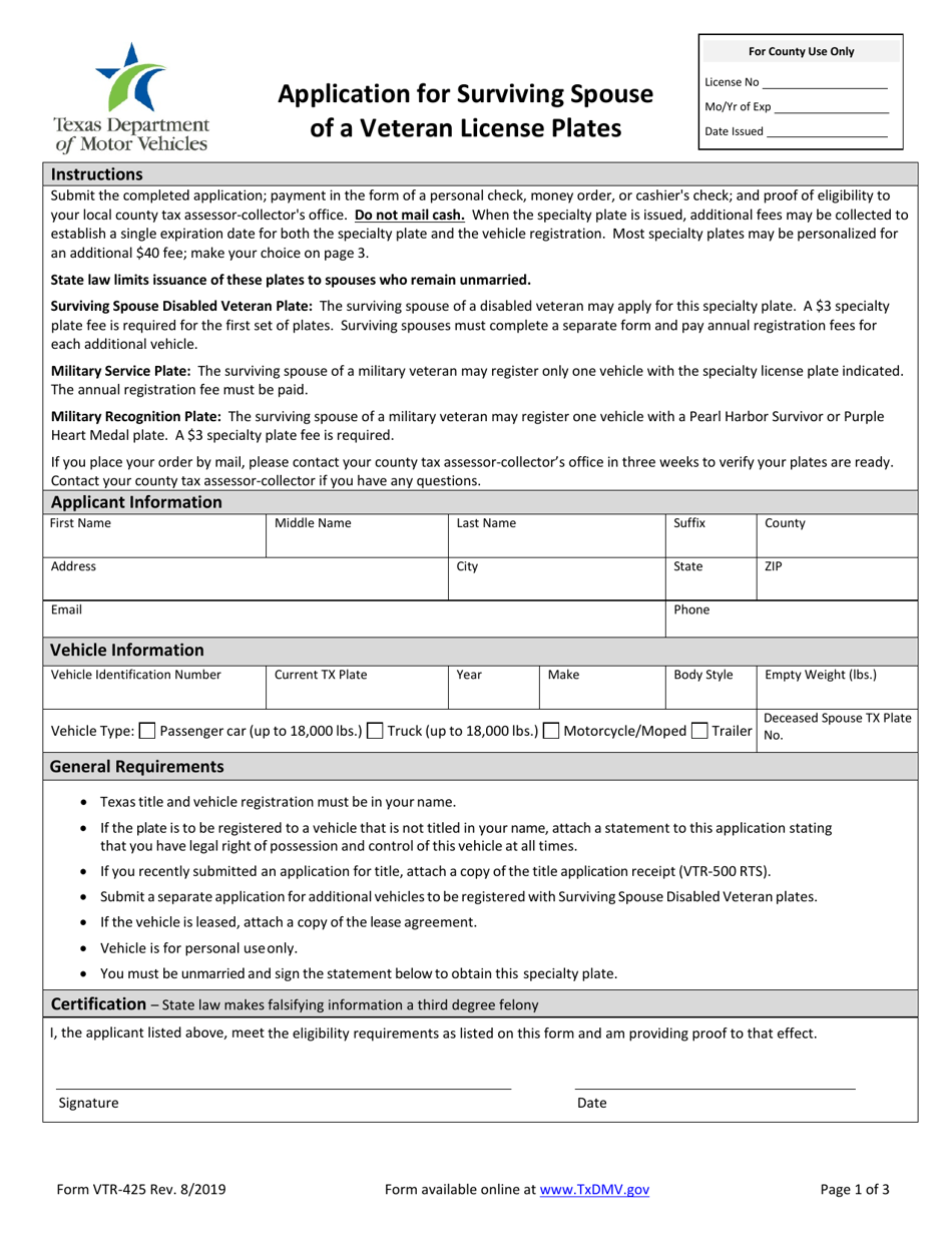 Form VTR-425 Application for Surviving Spouse of a Veteran License Plates - Texas, Page 1
