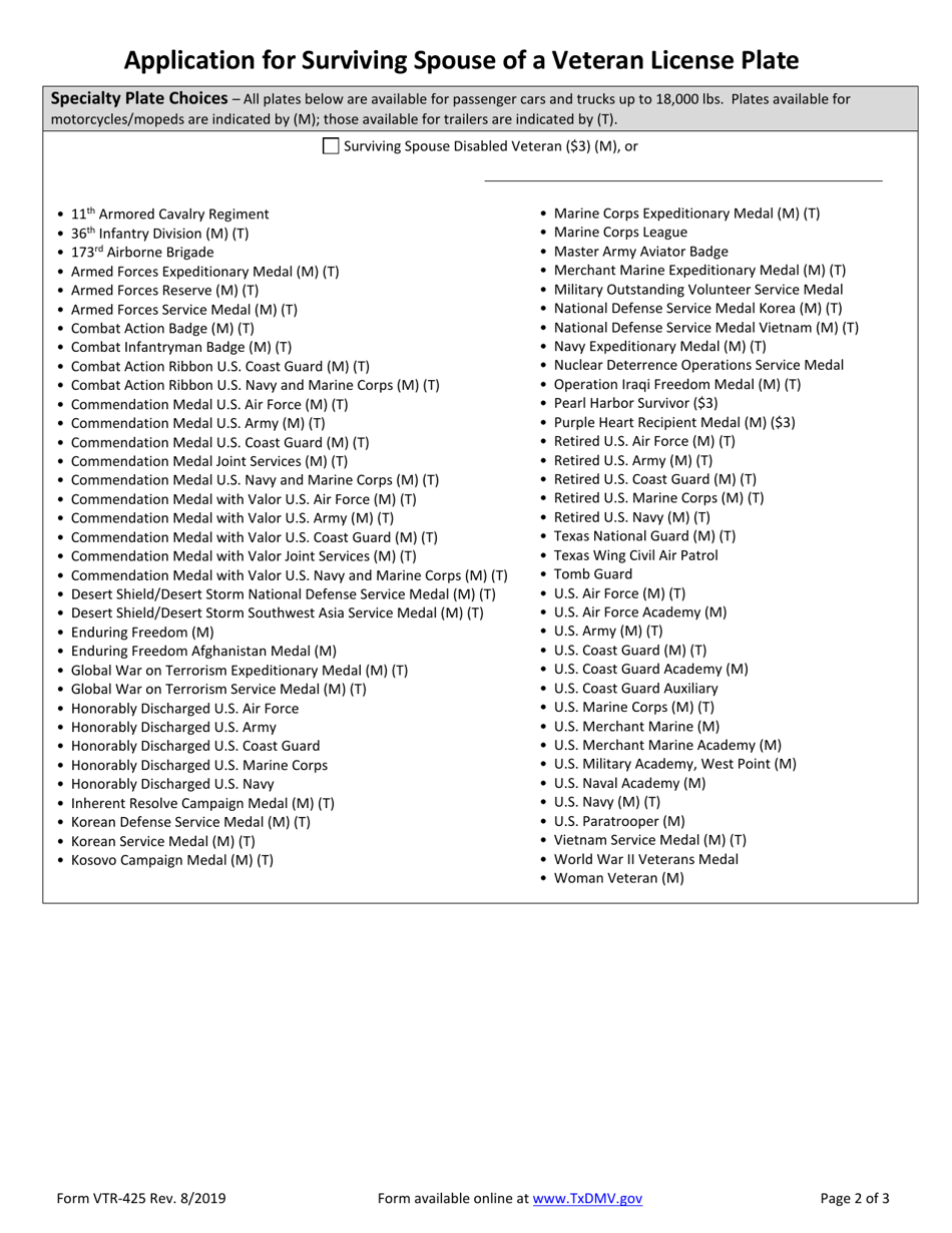 Form VTR-425 Application for Surviving Spouse of a Veteran License Plates - Texas, Page 2