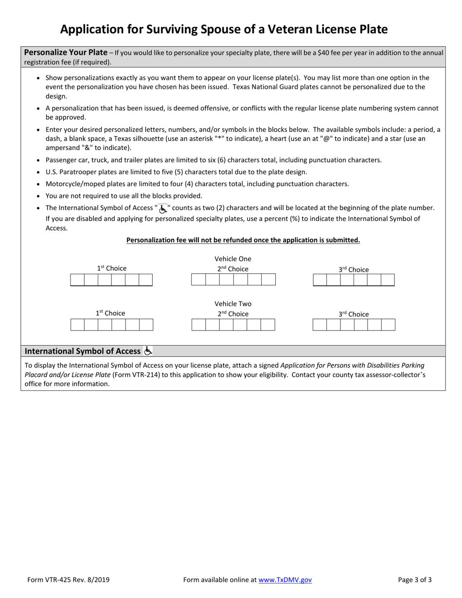 Form VTR-425 Application for Surviving Spouse of a Veteran License Plates - Texas, Page 3