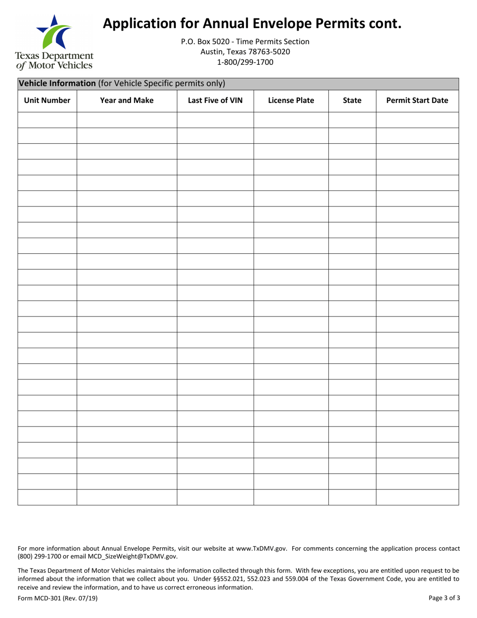 Form MCD-301 Application for Annual Envelope Permits - Texas, Page 3