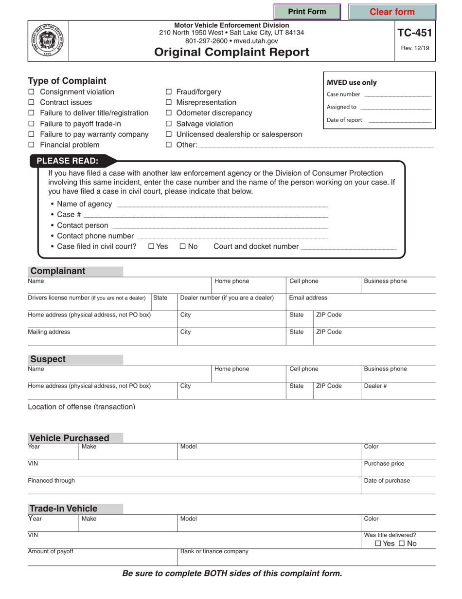 Form TC-451 Original Complaint Report - Utah, Page 1